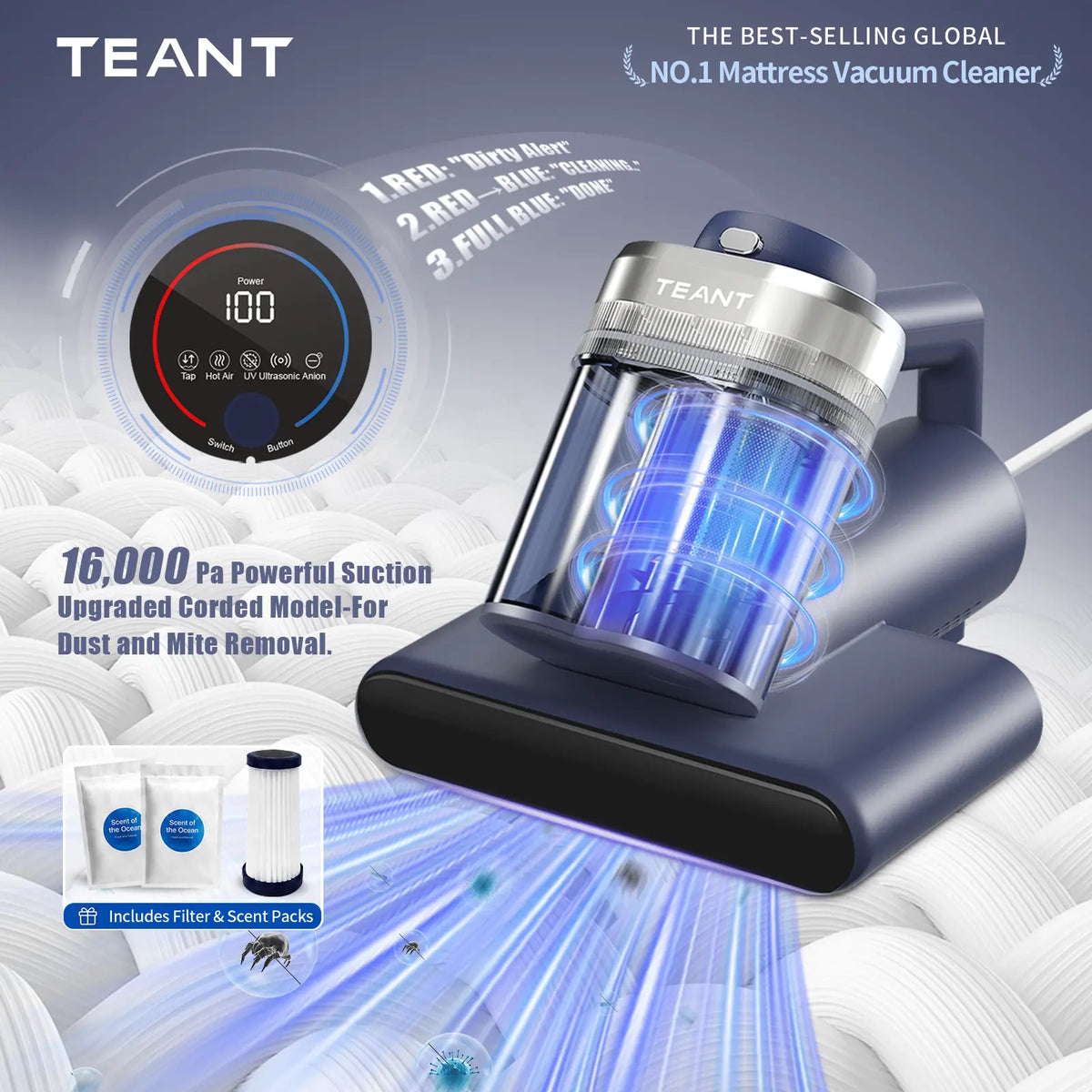 Teant Dust Mite Mattress Vacuum Cleaner, 16kPa High‑Power Suction, UV‑C Light & 149°F Hot Air Sanitisation, Smart LED Display, Aroma & Anion Function, HEPA Filtration, Lightweight Deep Cleaner for Bed, Sofa, Pet Hair & Household Allergens