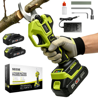 SEESE Electric Pruning Shears, 1.25" Cutting Cordless Power Pruner, Brushless Motor, Dual 21V Batteries for Tree & Flower Trimming Gardening