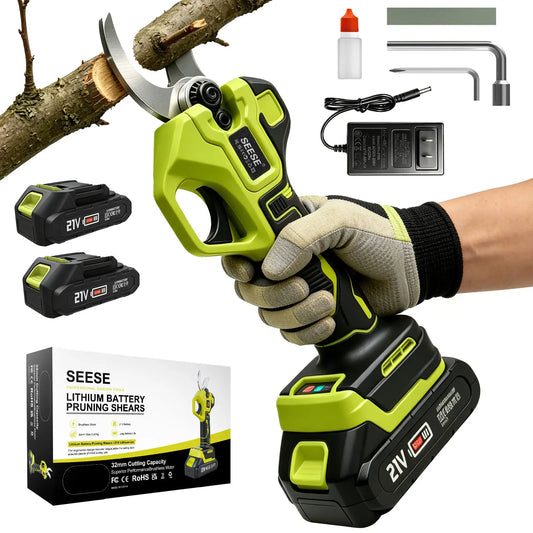 SEESE Electric Pruning Shears, 1.25" Cutting Cordless Power Pruner, Brushless Motor, Dual 21V Batteries for Tree & Flower Trimming Gardening