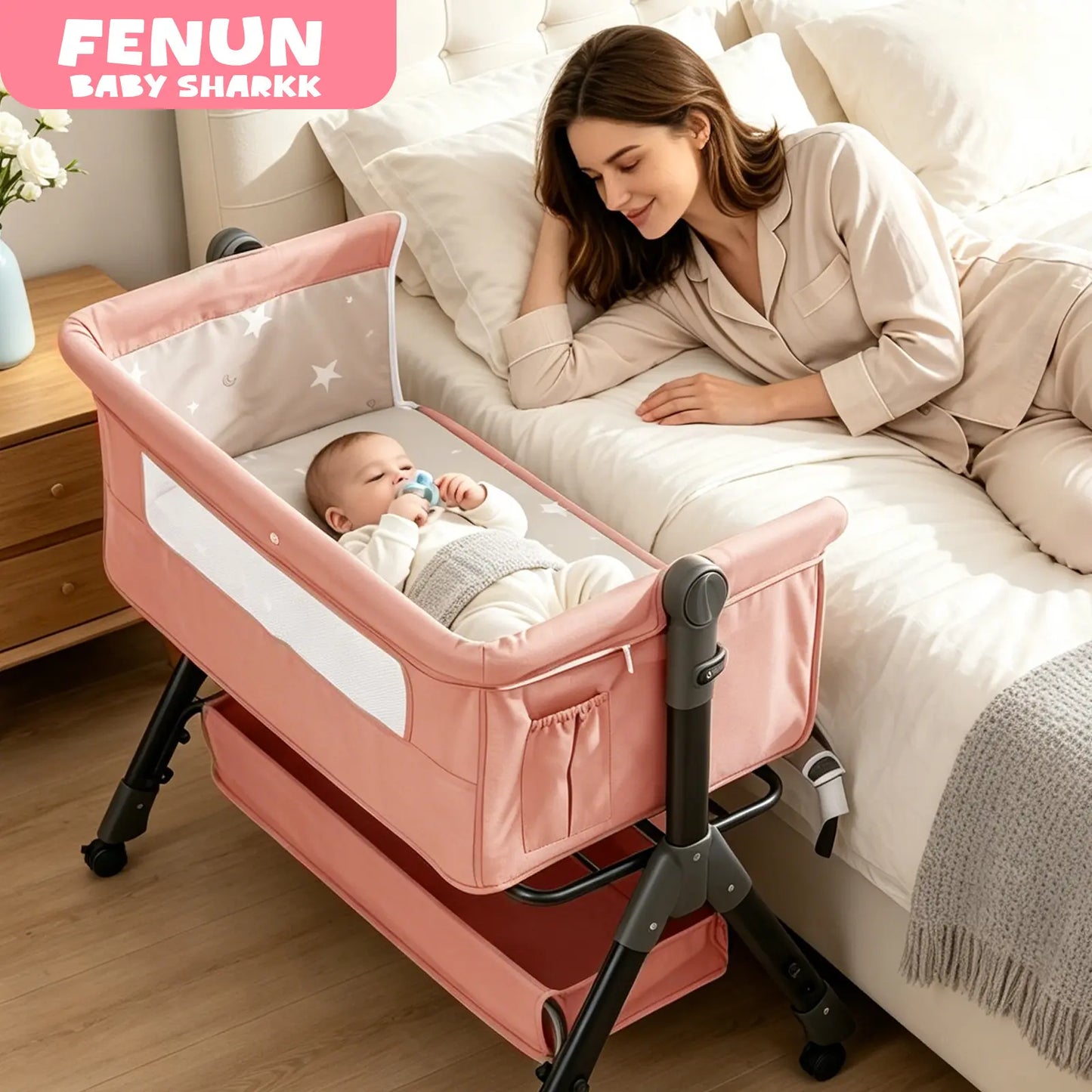 Baby Bassinet Bedside Sleeper, Adjustable Height Foldable Newborn Crib with Storage Basket and Mosquito Net, Portable Infant Side Bed for Home & Travel