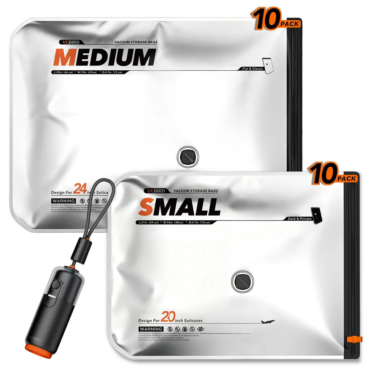 VACBIRD X8 Vacuum Compression Storage Bags Set, Rechargeable Wireless Pump | Space‑Saving for Dorm Travel & Seasonal Home Storage, Reduces Bulky Volume for Clothes, Bedding & Blankets 【Back‑to‑School】