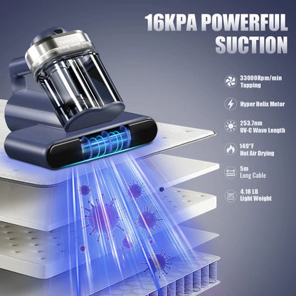 Teant Dust Mite Mattress Vacuum Cleaner, 16kPa High‑Power Suction, UV‑C Light & 149°F Hot Air Sanitisation, Smart LED Display, Aroma & Anion Function, HEPA Filtration, Lightweight Deep Cleaner for Bed, Sofa, Pet Hair & Household Allergens