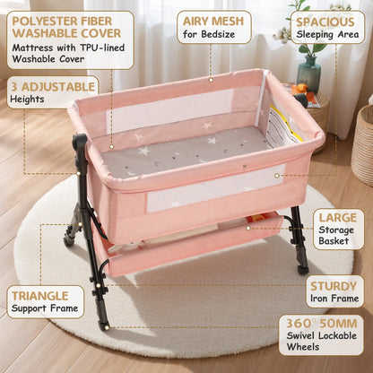 Baby Bassinet Bedside Sleeper, Adjustable Height Foldable Newborn Crib with Storage Basket and Mosquito Net, Portable Infant Side Bed for Home & Travel