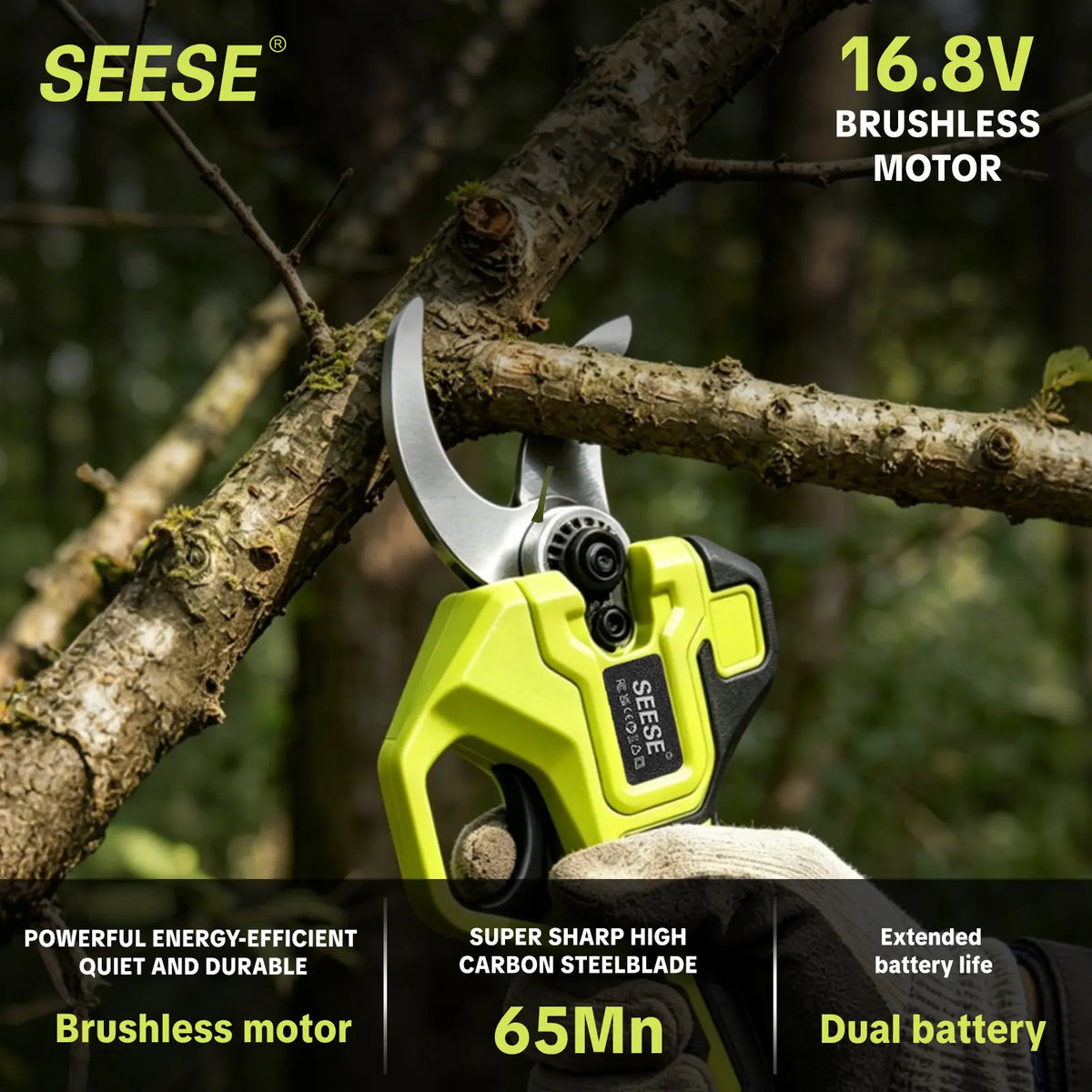 SEESE Electric Pruning Shears, 1.25" Cutting Cordless Power Pruner, Brushless Motor, Dual 21V Batteries for Tree & Flower Trimming Gardening