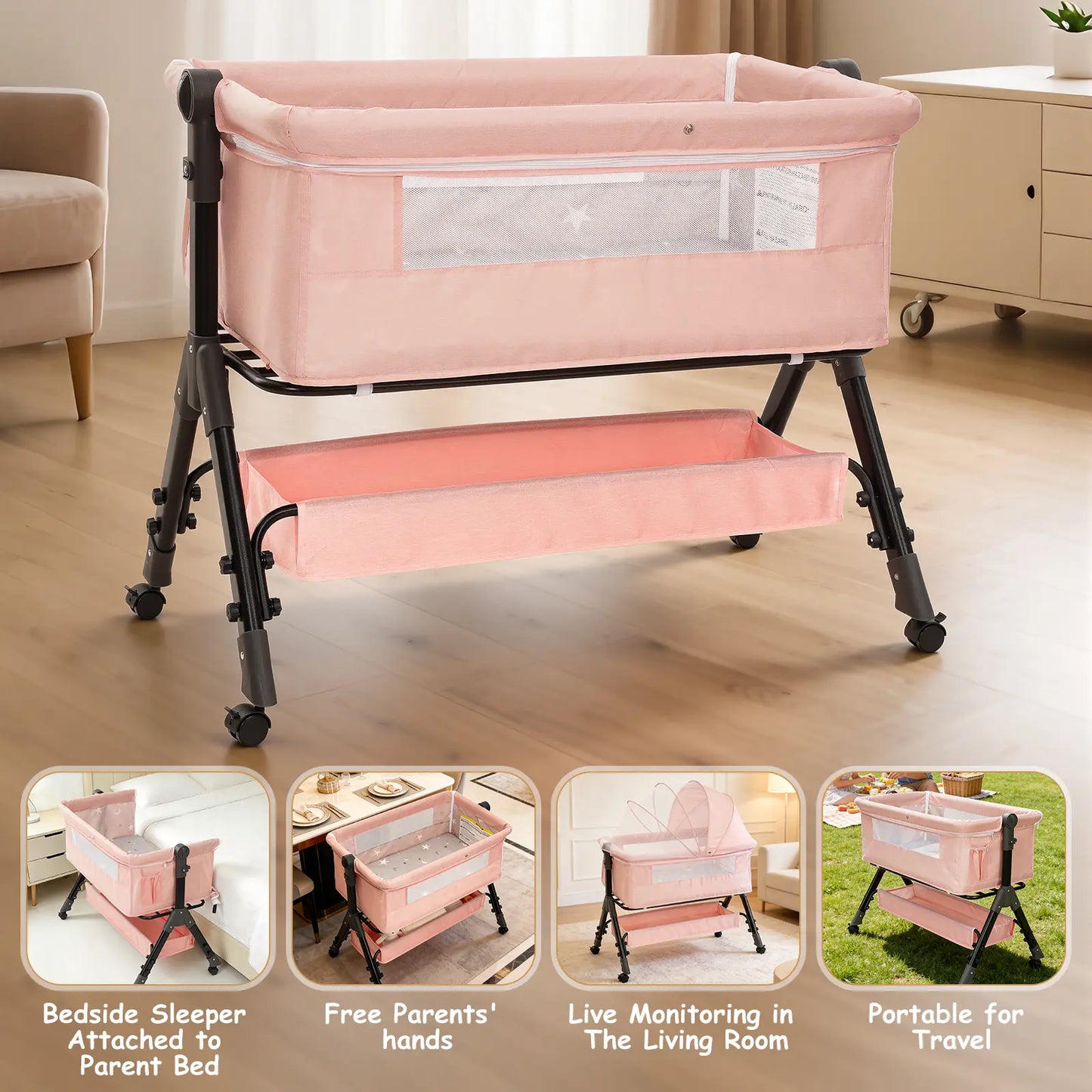 Baby Bassinet Bedside Sleeper, Adjustable Height Foldable Newborn Crib with Storage Basket and Mosquito Net, Portable Infant Side Bed for Home & Travel