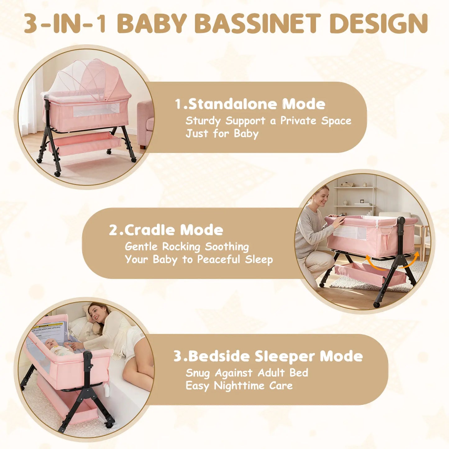 Baby Bassinet Bedside Sleeper, Adjustable Height Foldable Newborn Crib with Storage Basket and Mosquito Net, Portable Infant Side Bed for Home & Travel