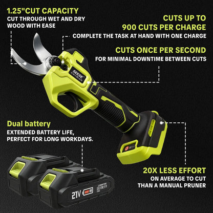 SEESE Electric Pruning Shears, 1.25" Cutting Cordless Power Pruner, Brushless Motor, Dual 21V Batteries for Tree & Flower Trimming Gardening
