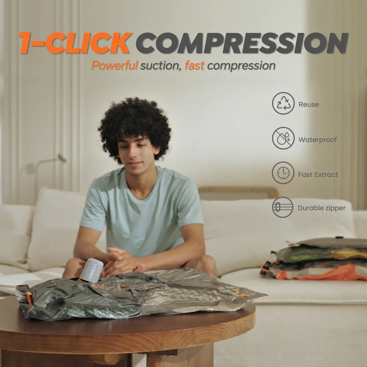 VACBIRD X8 Vacuum Compression Storage Bags Set, Rechargeable Wireless Pump | Space‑Saving for Dorm Travel & Seasonal Home Storage, Reduces Bulky Volume for Clothes, Bedding & Blankets 【Back‑to‑School】
