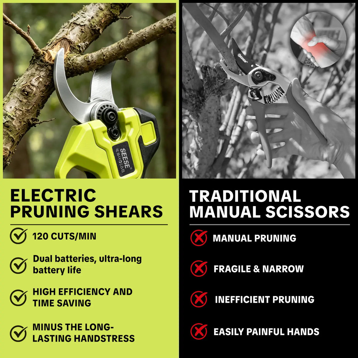 SEESE Electric Pruning Shears, 1.25" Cutting Cordless Power Pruner, Brushless Motor, Dual 21V Batteries for Tree & Flower Trimming Gardening