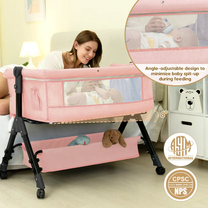 Baby Bassinet Bedside Sleeper, Adjustable Height Foldable Newborn Crib with Storage Basket and Mosquito Net, Portable Infant Side Bed for Home & Travel
