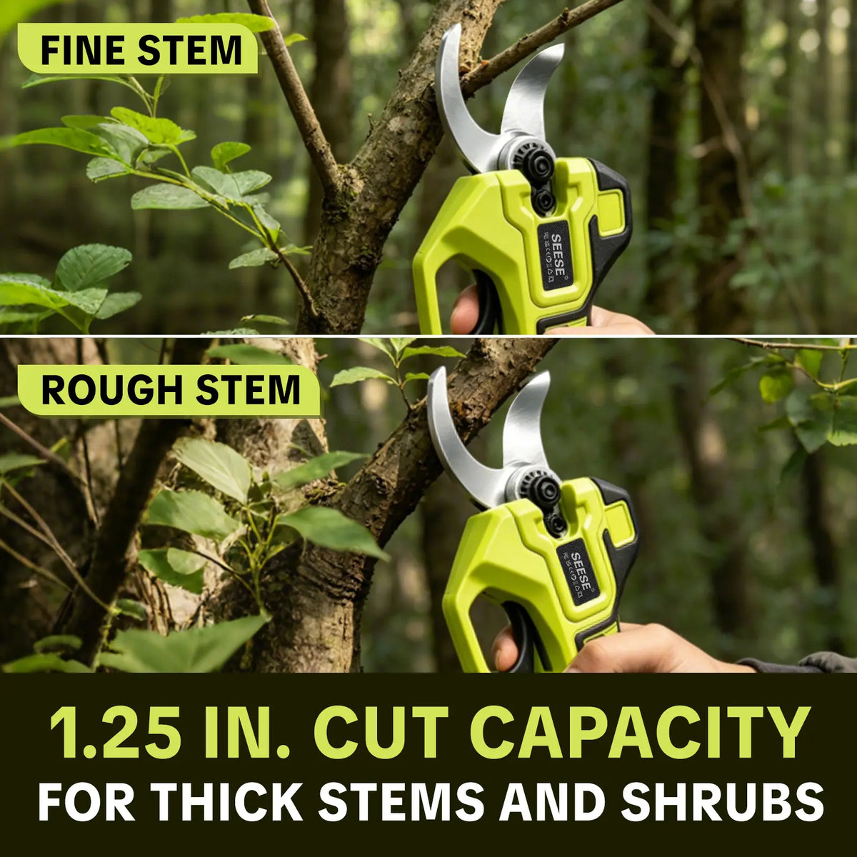 SEESE Electric Pruning Shears, 1.25" Cutting Cordless Power Pruner, Brushless Motor, Dual 21V Batteries for Tree & Flower Trimming Gardening