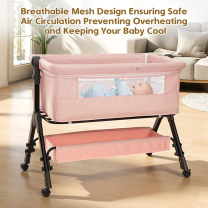 Baby Bassinet Bedside Sleeper, Adjustable Height Foldable Newborn Crib with Storage Basket and Mosquito Net, Portable Infant Side Bed for Home & Travel