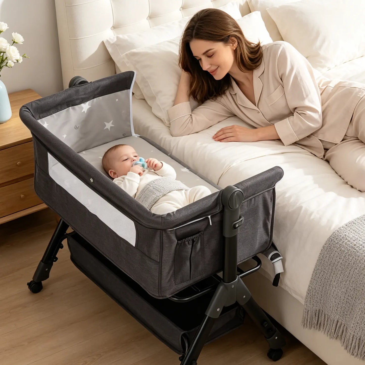 Baby Bassinet Bedside Sleeper, Adjustable Height Foldable Newborn Crib with Storage Basket and Mosquito Net, Portable Infant Side Bed for Home & Travel