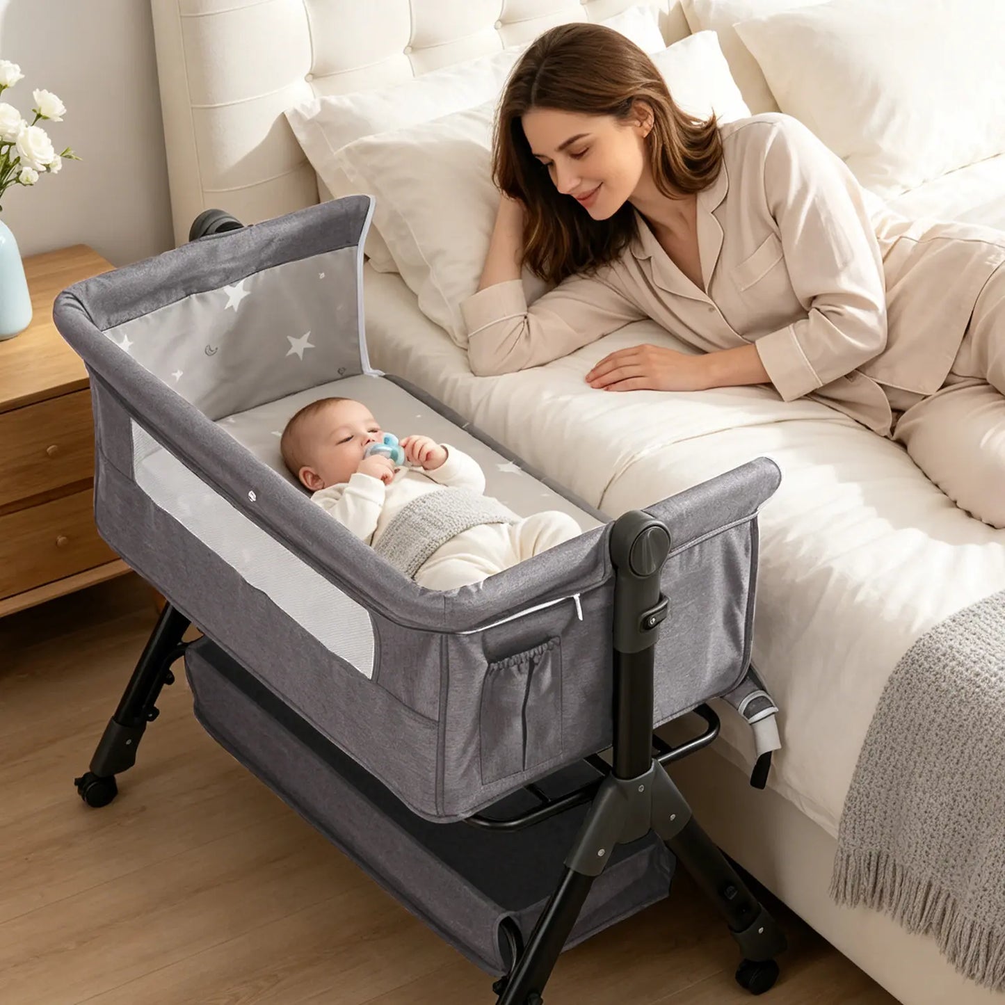Baby Bassinet Bedside Sleeper, Adjustable Height Foldable Newborn Crib with Storage Basket and Mosquito Net, Portable Infant Side Bed for Home & Travel