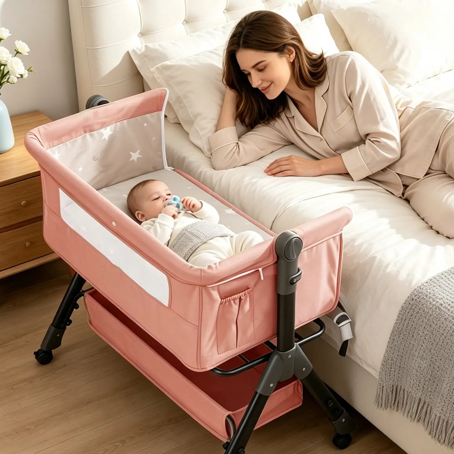 Baby Bassinet Bedside Sleeper, Adjustable Height Foldable Newborn Crib with Storage Basket and Mosquito Net, Portable Infant Side Bed for Home & Travel