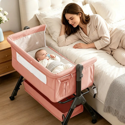 Baby Bassinet Bedside Sleeper, Adjustable Height Foldable Newborn Crib with Storage Basket and Mosquito Net, Portable Infant Side Bed for Home & Travel